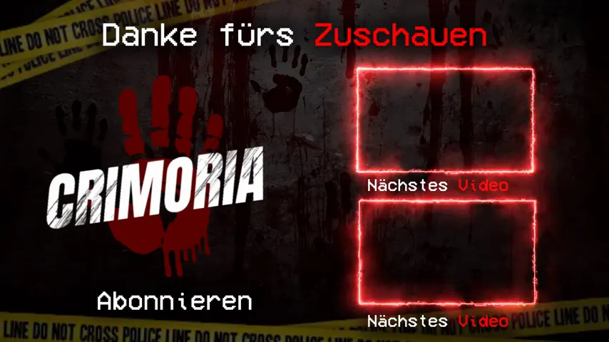 Frame from the Crimoria crime YouTube outro, an end screen designed for true crime YouTube branding by NightCaseStudio