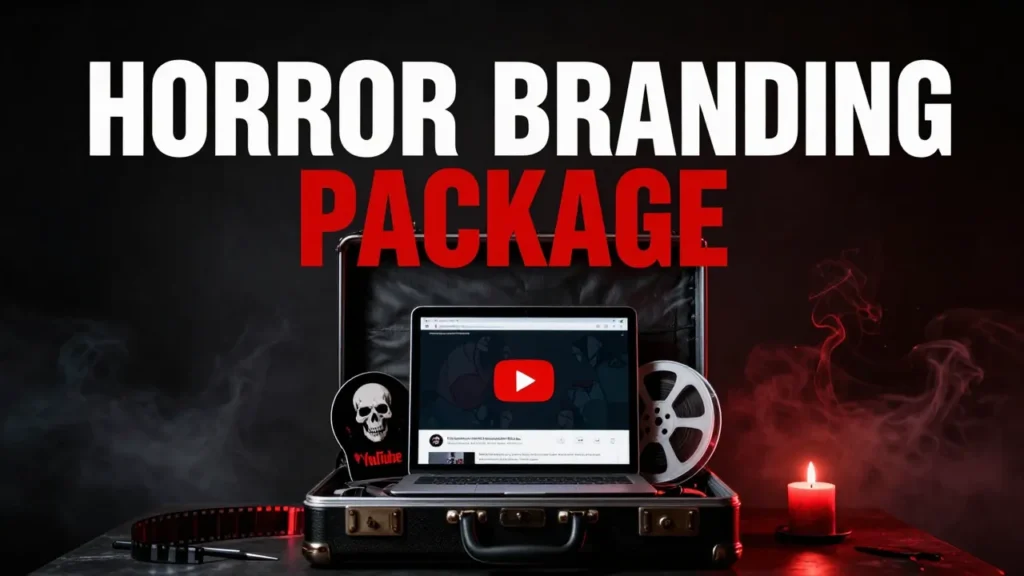 Horror YouTube branding package: open briefcase with a laptop showing a YouTube channel, a skull profile picture and a film reel