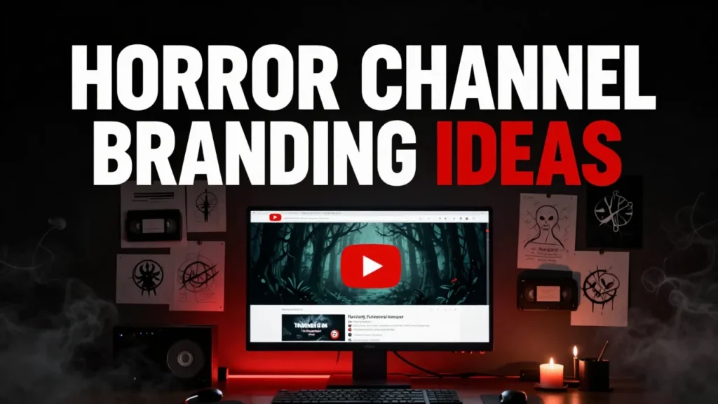 Horror YouTube channel branding ideas: monitor showing a horror YouTube channel with a haunted forest banner, logo sketches and VHS tapes on the wall