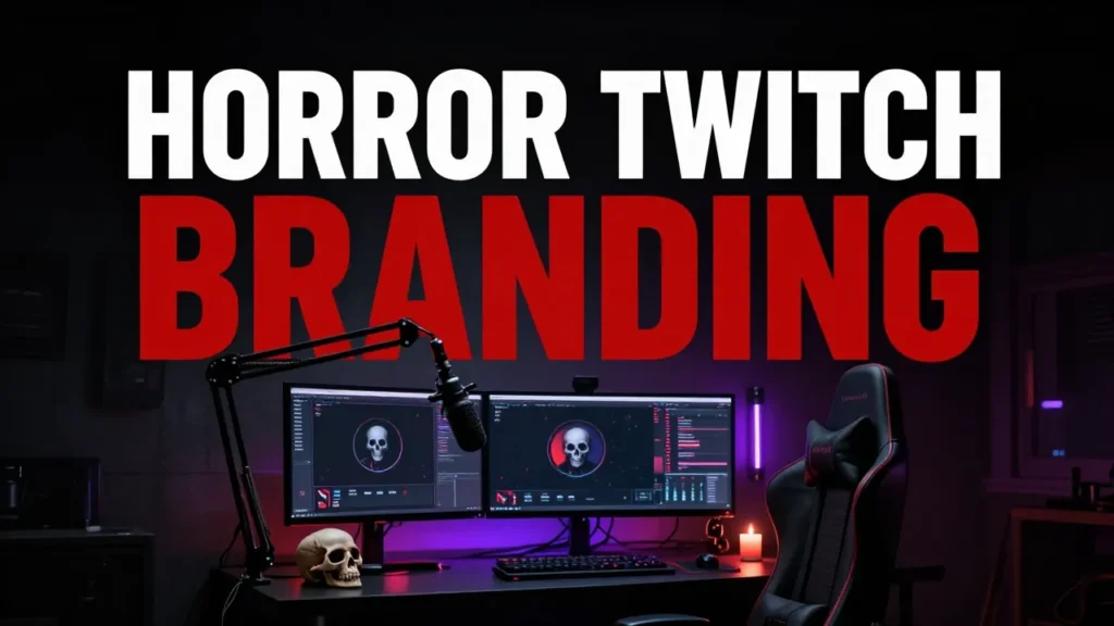 Horror Twitch branding: dark streaming setup with microphone, skull profile picture on two monitors and purple and red lights