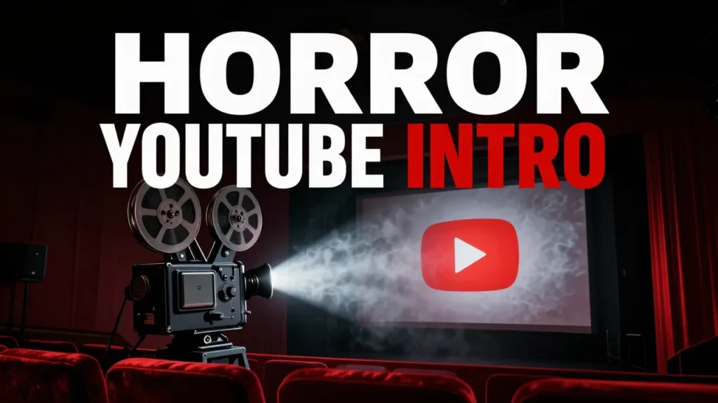 Horror YouTube intro: vintage film projector in a dark cinema projecting a YouTube play button onto the screen