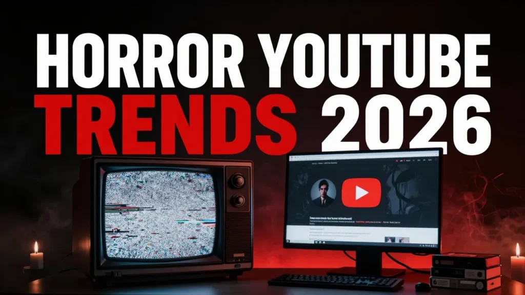 Horror YouTube branding trends 2026: old CRT TV with static next to a monitor showing a YouTube channel page