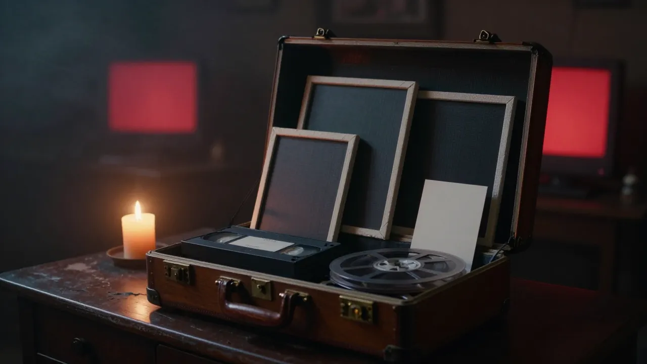 Horror YouTube branding package concept: open vintage briefcase holding blank frames, a VHS tape and a film reel, lit by candlelight and red monitor glow