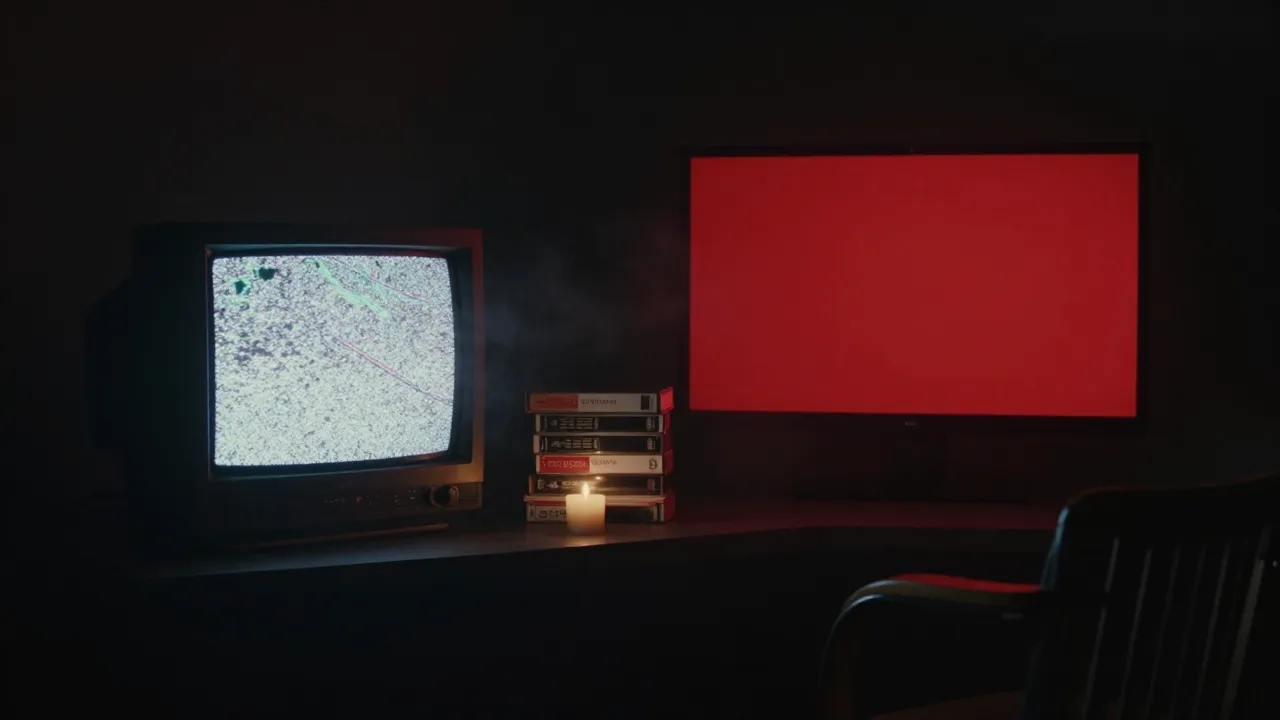 Horror YouTube branding trends 2026: old CRT TV with static next to a red-glowing monitor, VHS tapes and a candle in a foggy dark studio