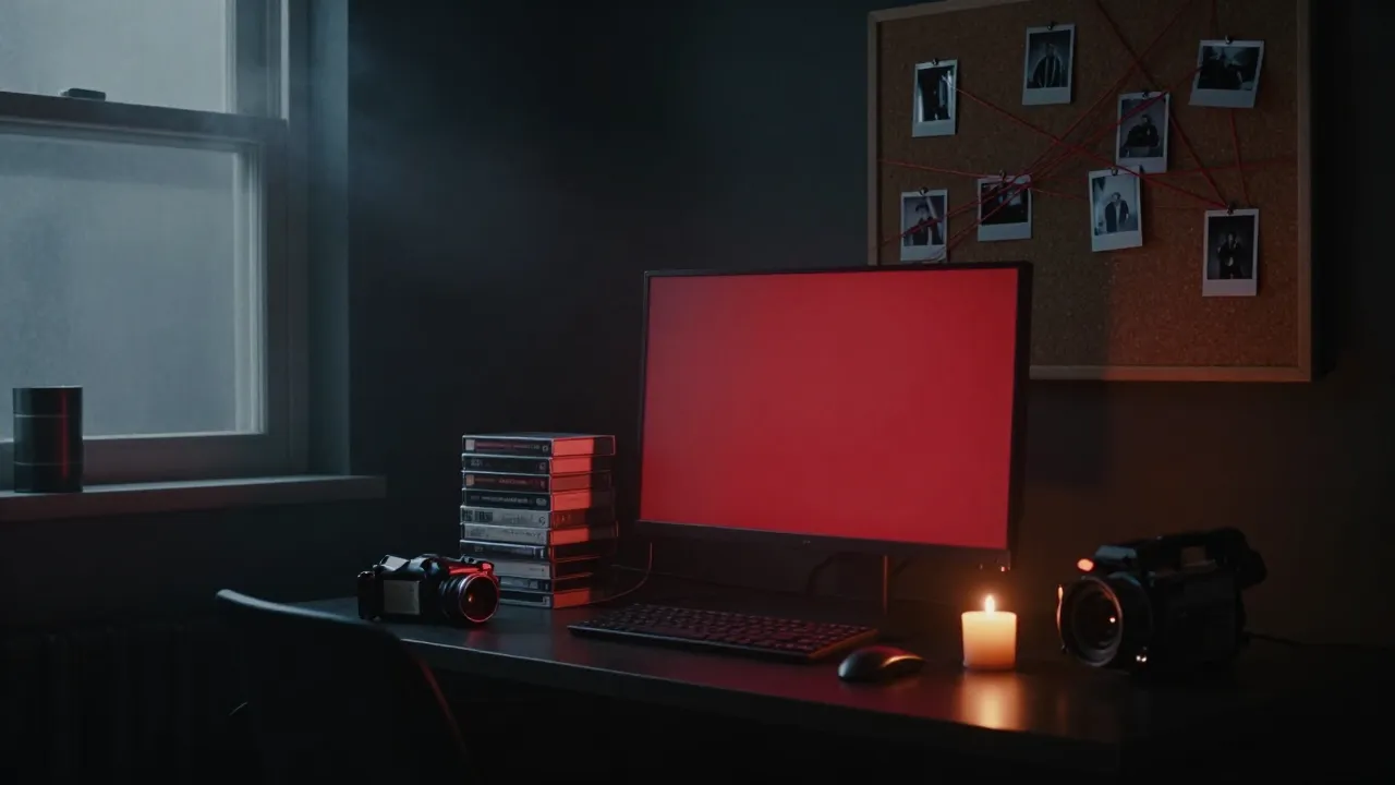 Horror YouTube channel branding ideas: dark creator desk with red monitor glow, VHS tapes, candle and evidence board with red string