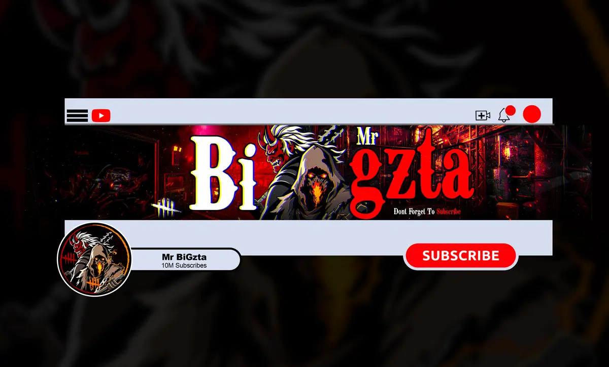 MrBigzta horror YouTube channel banner and matching profile picture, part of a complete horror YouTube branding package by NightCaseStudio