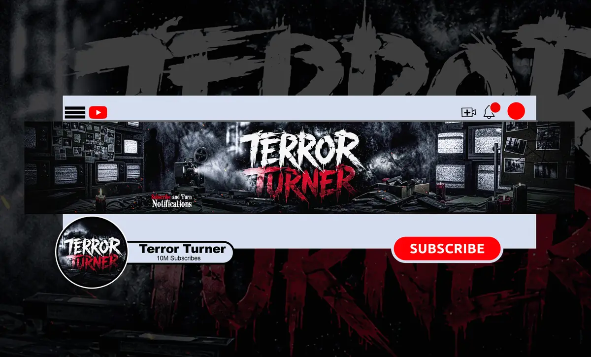 Terror Turner horror YouTube logo design shown as a profile picture next to the matching channel banner, by NightCaseStudio