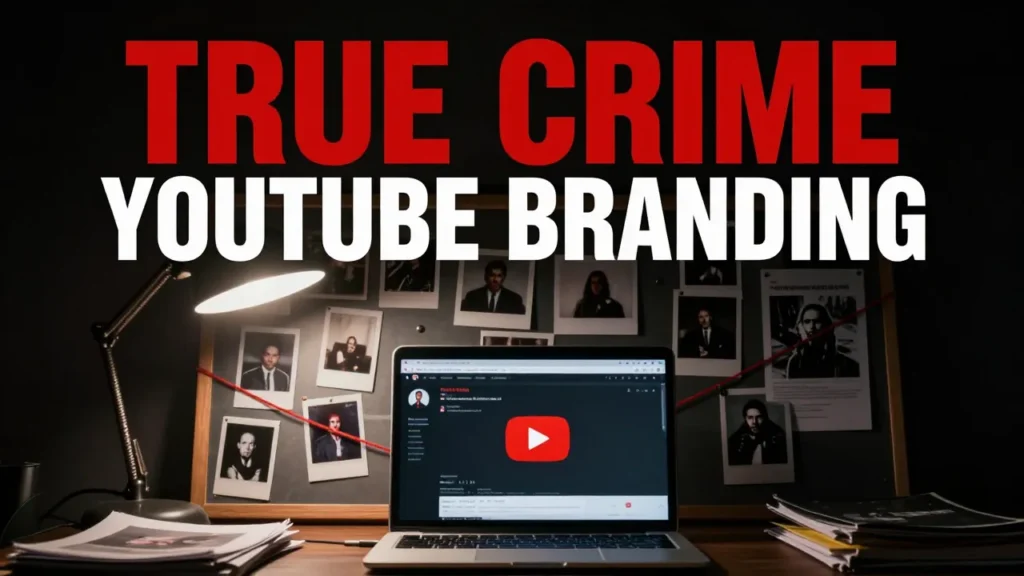 True crime YouTube branding ideas: laptop showing a YouTube channel page in front of an evidence board with red string