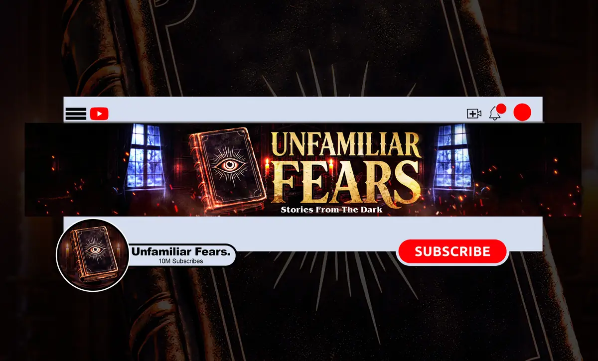 Unfamiliar Fears horror YouTube channel logo as a profile picture with its matching banner, custom horror logo design by NightCaseStudio