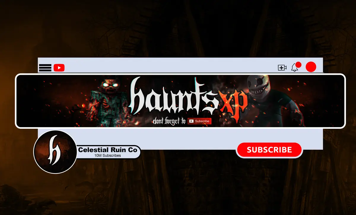 HauntsXP horror YouTube logo design shown as a profile picture beside its matching banner, a custom horror logo by NightCaseStudio