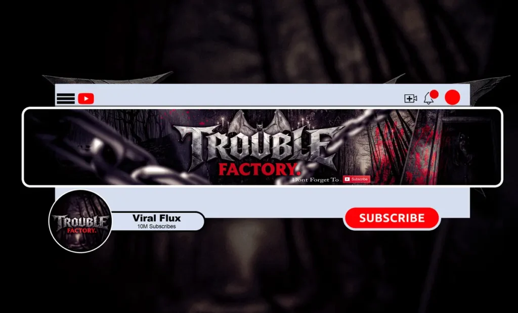Horror YouTube channel brand example: Trouble Factory custom horror banner with matching round profile picture logo by NightCaseStudio